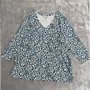 Roaman's Top Womens 2X Teal Blue Leopard Print V Neck Long Sleeve Tunic Blouse